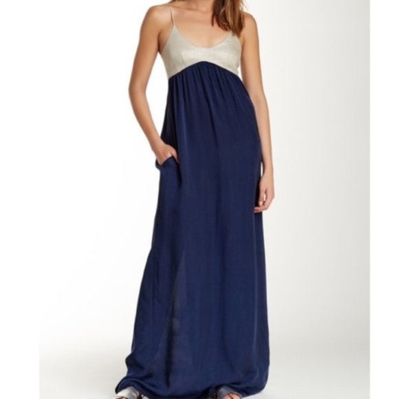 L'AGENCE Navy Summer Silk Maxi Dress with Silver Linen Bodice, Size S - Picture 1 of 15